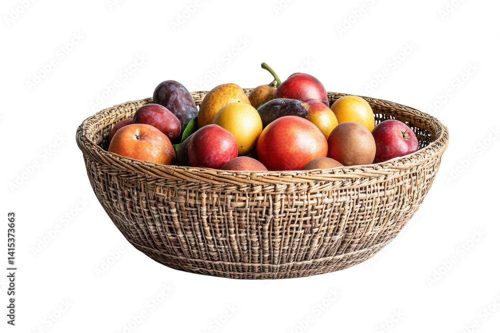 A vibrant basket overflowing with a colorful array of fresh ripe plums apples and exotic fruits a delightful still life study against a on transparent background A vibrant basket overflowing with a colorful array of fresh ripe plums apples and exotic fruits a delightful still life study against a on transparent background