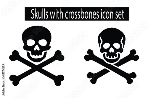 Skull and crossbones pirate flag icon illustration with warning and toxic symbol