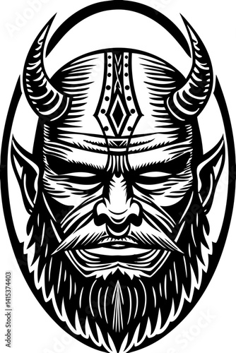 Regal tribal mask with curled horns, a long beard, and closed eyes exuding wisdom. The symmetrical design and ornate details suggest a mythical or shamanic figure.