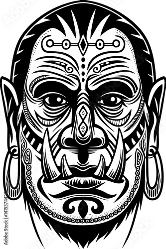 Striking tribal mask featuring large tusks and elaborate facial markings. The design radiates strength and heritage through symmetrical detailing and bold expressions.