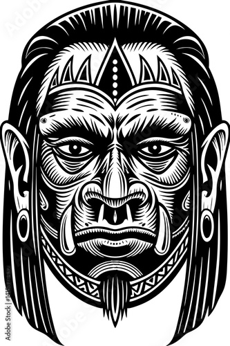 Intense tribal mask with prominent tusks, elongated features, and warrior-like expression. Detailed patterns and sharp contours reflect cultural symbolism and ancestral power.