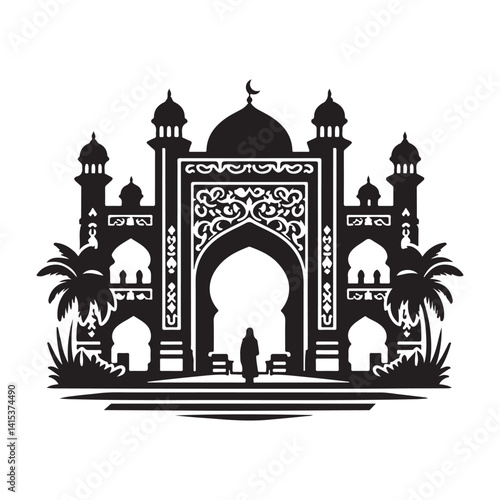 Silhouette of a Grand Islamic Archway with Palm Trees