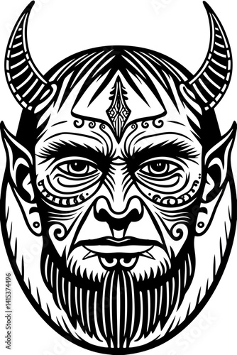 A horned, tribal-inspired figure with intense eyes and symmetrical facial patterns. The feather symbol on the forehead and stylized beard add a mystical, shamanic presence.