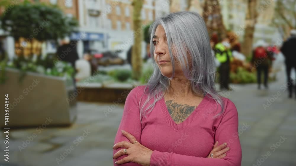 Grey-haired senior woman with arms crossed in an outdoor city street, suggesting confidence and strength amidst the urban environment, wearing a pink sweater and tattoo. Grey-haired senior woman with arms crossed in an outdoor city street, suggesting confidence and strength amidst the urban environment, wearing a pink sweater and tattoo.