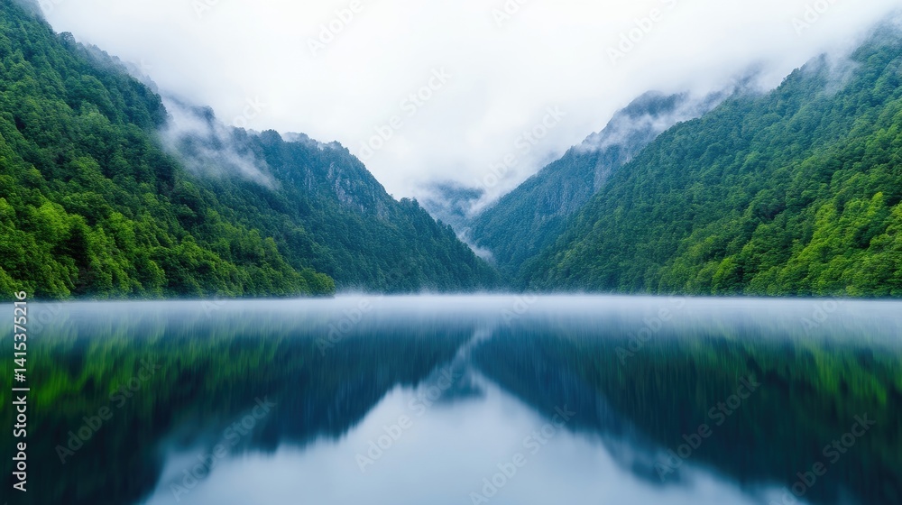 Fototapeta premium Misty mountain lake, serene valley