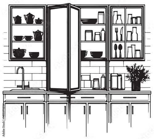 Kitchen interior sketches hand drawing front view. Contour silhouette cupboard