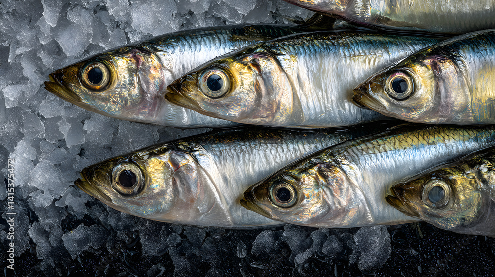 Fresh and Whole Sardines Displayed on Ice for Culinary Presentation and Gourmet Cooking Inspiration Fresh and Whole Sardines Displayed on Ice for Culinary Presentation and Gourmet Cooking Inspiration