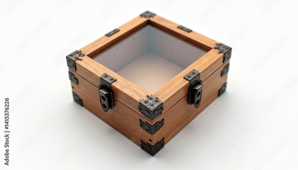 A wooden box with a glass top on a white surface. A wooden box with a glass top on a white surface.