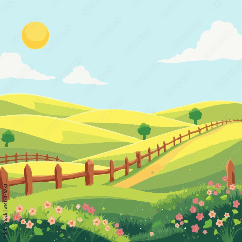 Fototapeta premium A Serene Countryside Vista with Rolling Green Hills, a Winding Path, Rustic Wooden Fences, and a Bright Sunny Sky