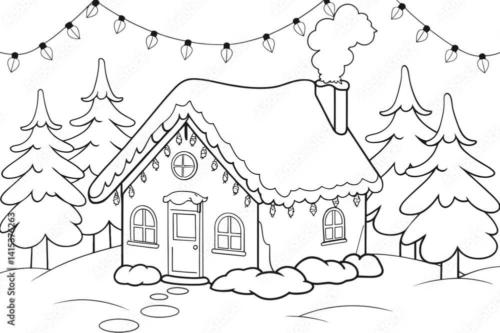 Fototapeta premium Charming gingerbread house coloring page in snowy forest.