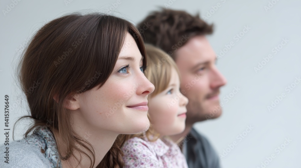 Happy Family Portrait: A young family, a mother, father, and their toddler daughter, gaze thoughtfully towards the horizon, symbolizing hope, dreams, and a bright future together. Happy Family Portrait: A young family, a mother, father, and their toddler daughter, gaze thoughtfully towards the horizon, symbolizing hope, dreams, and a bright future together.