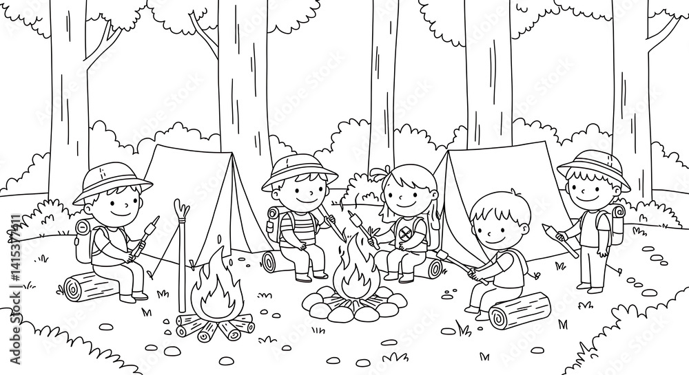 Obraz premium kids camping in the forest cartoon coloring page