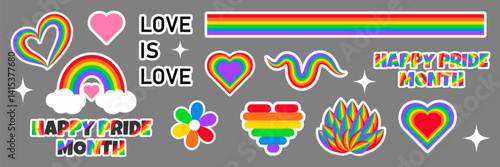 LGBTQ sticker pack on gray background. Colorful collection representing LGBTQ pride community. Rainbow symbols and inclusive elements celebrating diversity and love. Vector EPS10