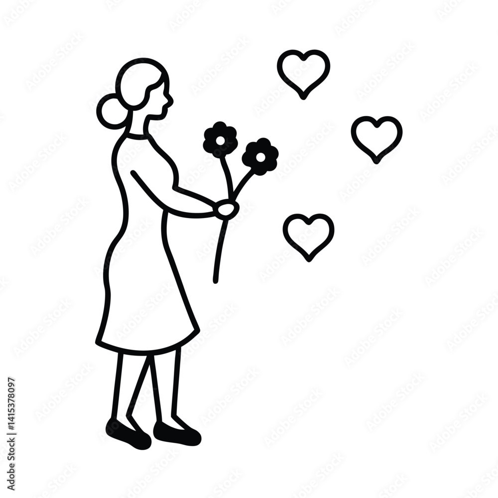 woman receiving flowers with floating hearts woman receiving flowers with floating hearts