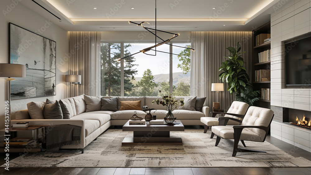 Fototapeta premium Modern living room interior design showcasing elegant furniture and scenic forest view