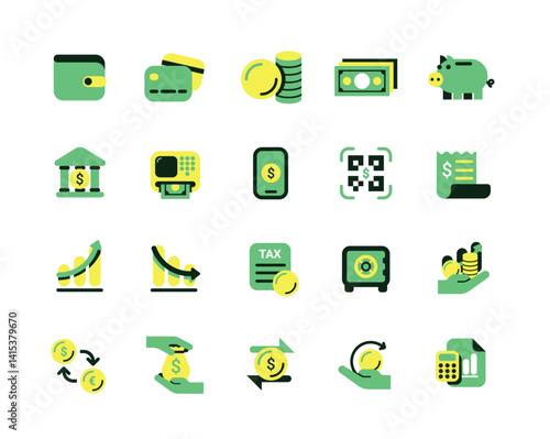 Colorful finance icon set with wallet, credit card, coin, chart, QR payment, bank, and more. Modern flat style perfect for apps, websites, or infographics.