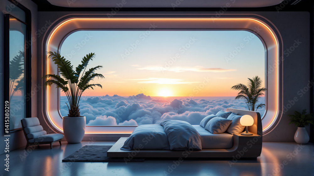 Fototapeta premium Stunning Bedroom with Cloud View at Sunrise