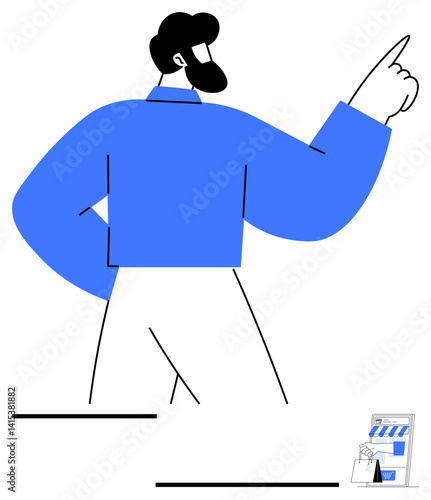 Man pointing upward while standing confidently near a small storefront-focused graphic. Ideal for business promotion, retail ideas, e-commerce strategies, brand identity, customer engagement