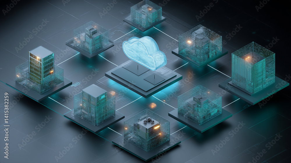 Cloud Computing and Digital Network Infrastructure: 3D Rendering of a Futuristic Smart City with Virtual Network Integration