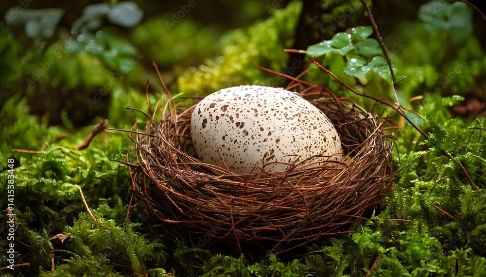 Speckled bird egg resting in a nest made of twigs on a mossy forest floor Speckled bird egg resting in a nest made of twigs on a mossy forest floor