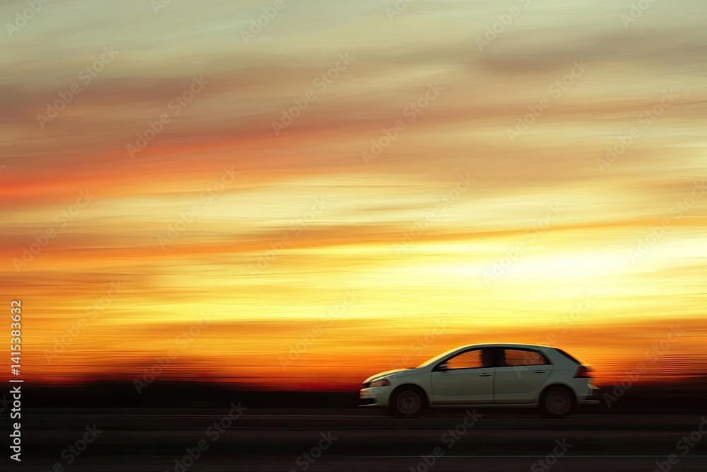 Fototapeta premium A white car drives into a vibrant sunset