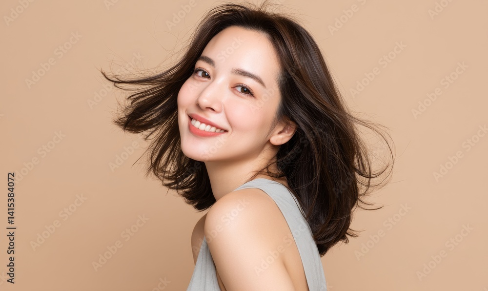 Close-Up Shot of an Elegant Asian Woman Smiling on a Beige Background with Flowing Hair