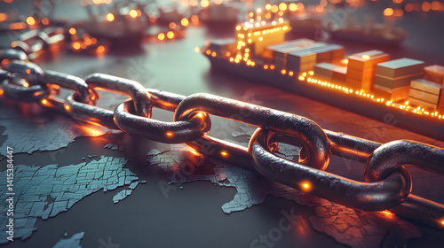 A broken supply chain represented by snapped metal links between cargo ships, factories, and delivery trucks, glowing warning signs, global map background, visual metaphor for logistics breakdown
