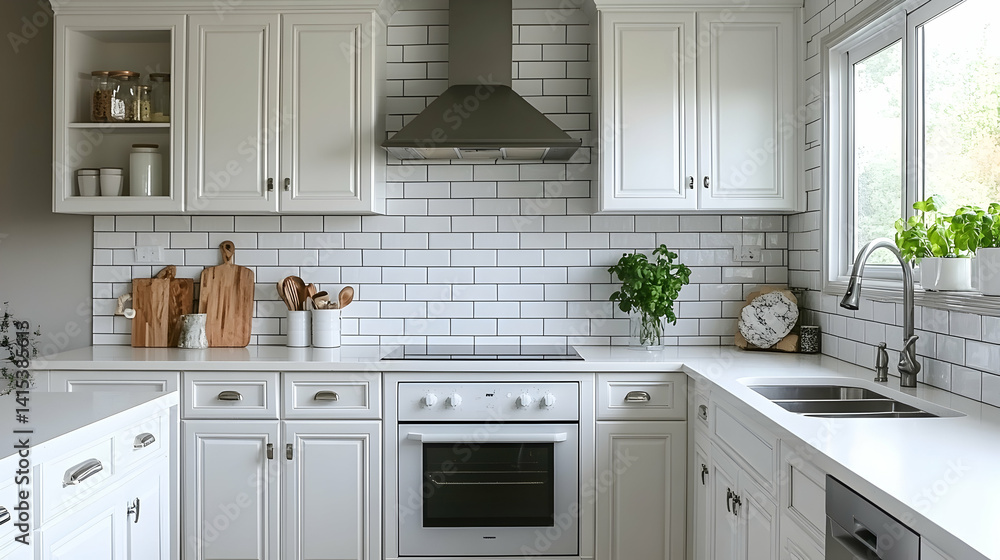 Fototapeta premium Bright White Kitchen with Subway Tile