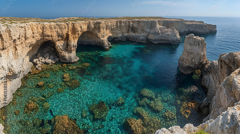 Obraz premium Coastal view with sandstone cliffs forming arches over crystal-clear turquoise water revealing rocky seabed in sunshine