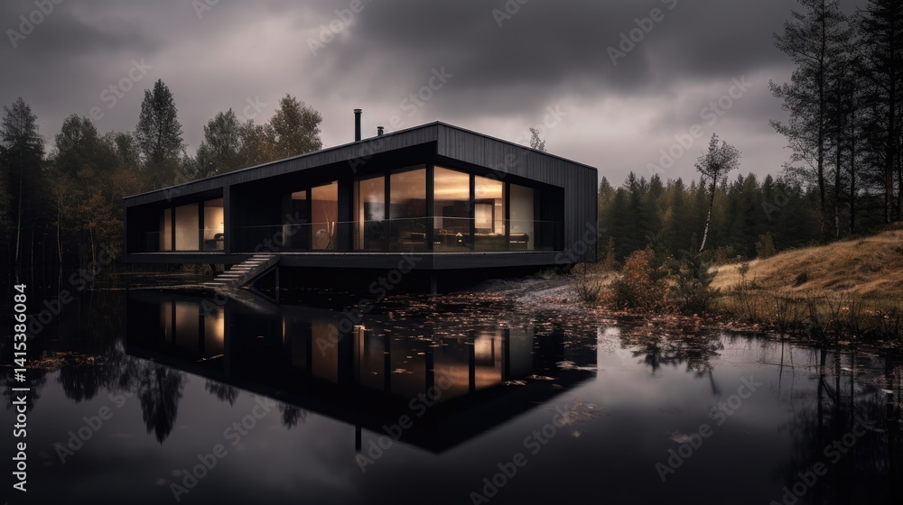 Modern cabin reflecting in calm water. Dark, contemporary house nestled in a tranquil forest setting, mirroring itself perfectly in the still water. Autumn leaves float on the surface Modern cabin reflecting in calm water. Dark, contemporary house nestled in a tranquil forest setting, mirroring itself perfectly in the still water. Autumn leaves float on the surface