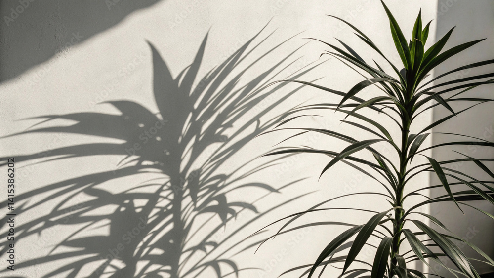 Obraz premium Shadow of a Green Plant on a White Wall with Soft Natural Light Highlighting Features