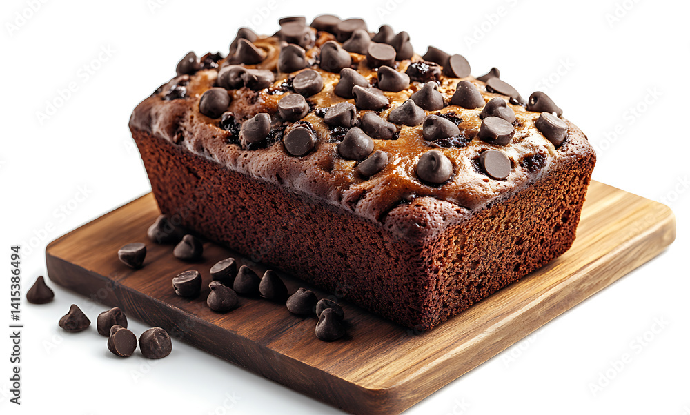 Delicious chocolate chip banana loaf cake on wooden board, showcasing moist texture and rich flavor, perfect for dessert or sweet snack Delicious chocolate chip banana loaf cake on wooden board, showcasing moist texture and rich flavor, perfect for dessert or sweet snack