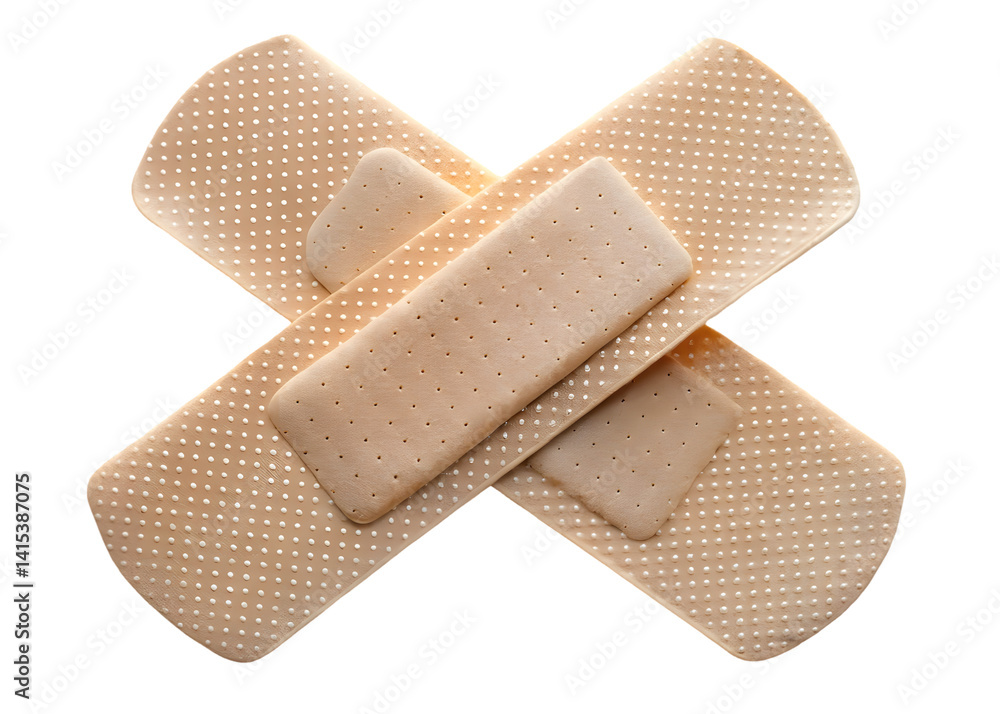 beige medical adhesive bandages crossed over each other, lying flat on a transparent background beige medical adhesive bandages crossed over each other, lying flat on a transparent background