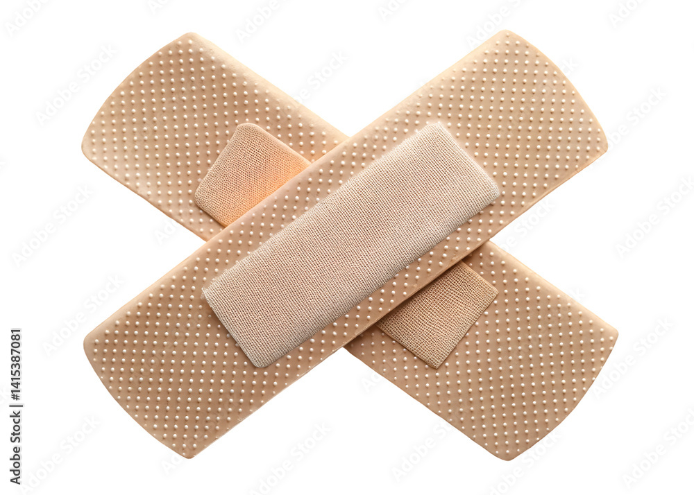 beige medical adhesive bandages crossed over each other, lying flat on a transparent background beige medical adhesive bandages crossed over each other, lying flat on a transparent background