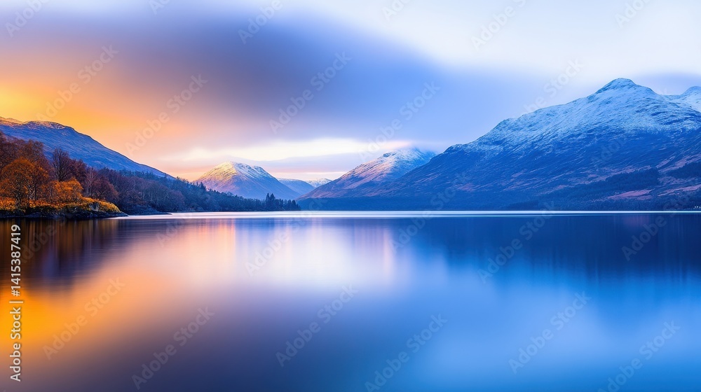 Serene landscape at dawn with mountains reflecting on a calm lake, showcasing nature's beauty Serene landscape at dawn with mountains reflecting on a calm lake, showcasing nature's beauty