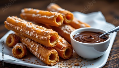 Delicious churros with chocolate sauce