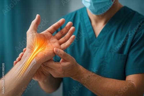 Close-up of hands surgeon in uniform assessing wrist pain in carpal tunnel syndrome, showing light effect and median nerve anatomy overlay