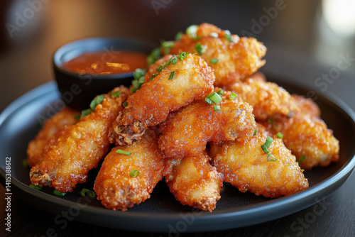Plate of fried food with dipping sauce, crispy exterior, and golden-brown color. A mix of chicken wings, onion rings, and jalapeno poppers.