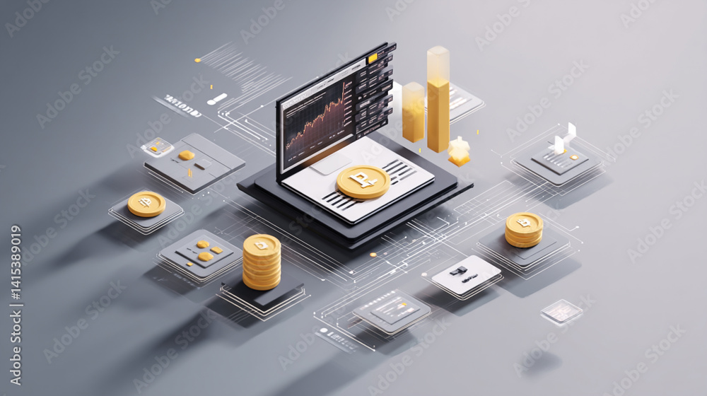Computer Viewing Cryptocurrency Market 2023: Digital Finance Visualization with Blockchain, Trading Charts & Investment Graphics