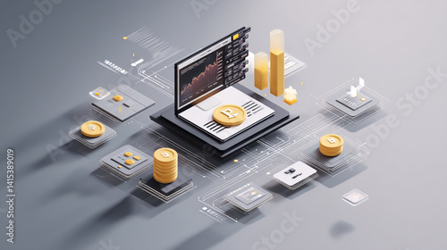 Obraz na płótnie Computer Viewing Cryptocurrency Market 2023: Digital Finance Visualization with Blockchain, Trading Charts & Investment Graphics w salonie
