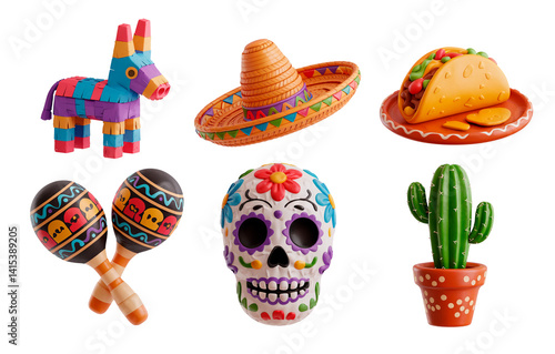 Colorful 3d mexican icons featuring a piñata, sombrero, taco, maracas, skull, and cactus for a festive celebration on a transparent background