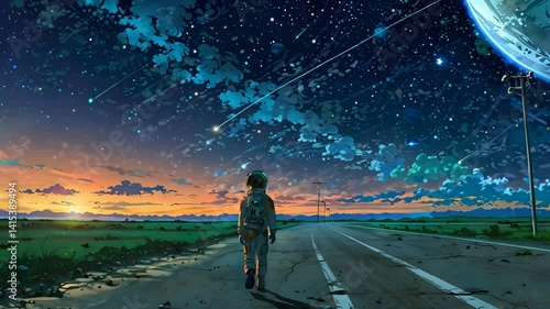A lone figure walks down a road under a starry sky. Concept of journey, adventure, and solitude.