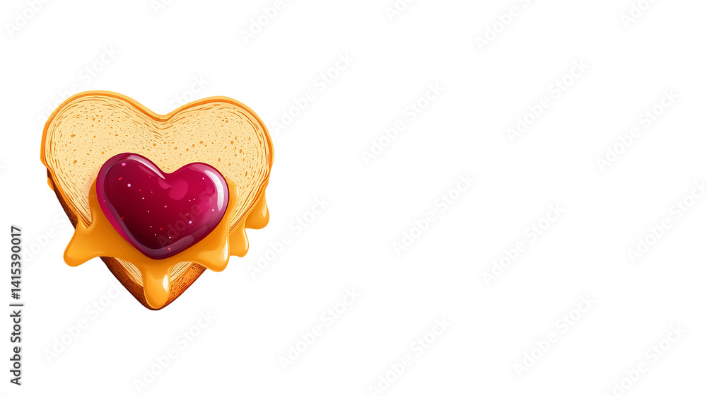 Heart shaped toast sits with jam and melting cheese over it, depicted against a black backdrop. Heart shaped toast sits with jam and melting cheese over it, depicted against a black backdrop.