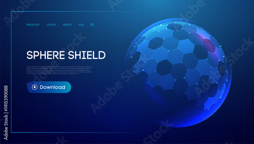 Sphere Shield Hexagon Protect 3D Background Technology Dome Ball Tech. Blue Abstract Glass Honeycomb Pattern with Energy Barrier, Cyber Field Vector, Transparent UV Layer, AI Immune Guard Effect