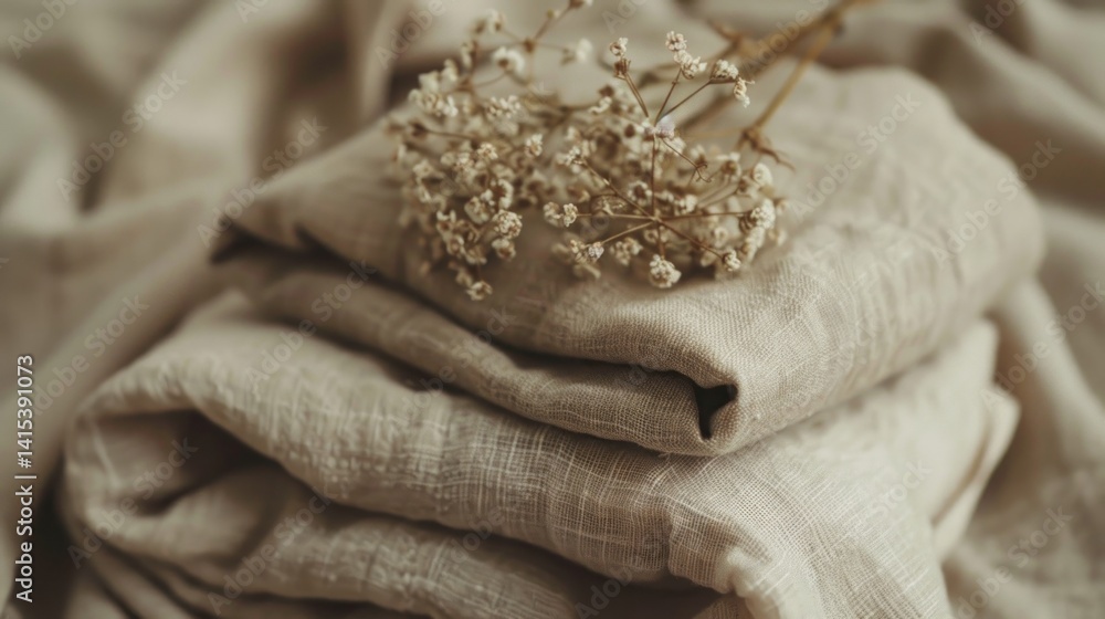 Stacked beige linen fabric with dry flowers Stacked beige linen fabric with dry flowers