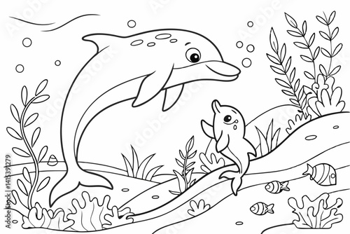Coloring pages. Marine wild animals. Mother dolphin swims underwater with her little cute baby dolphin, colorless, uncolored, black and white
