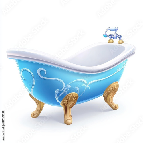 Elegant Blue Bathtub with Ornate Design and Gold Feet Accents