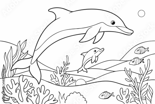 Coloring pages. Marine wild animals. Mother dolphin swims underwater with her little cute baby dolphin, colorless, uncolored, black and white