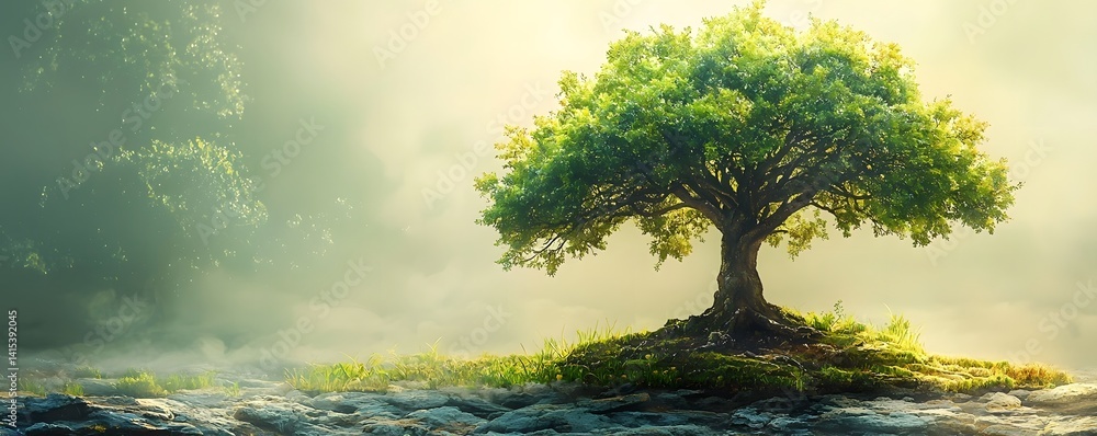 A tranquil tree of wisdom stands amidst a serene natural landscape