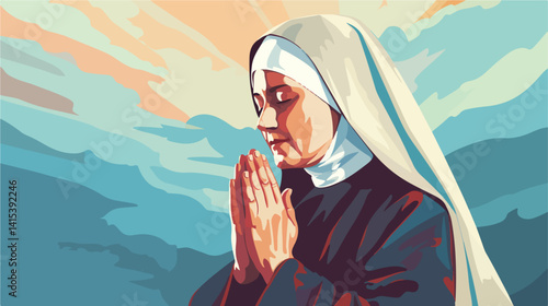 Holy Mature Nun Praying on Color Background Vector Illustration